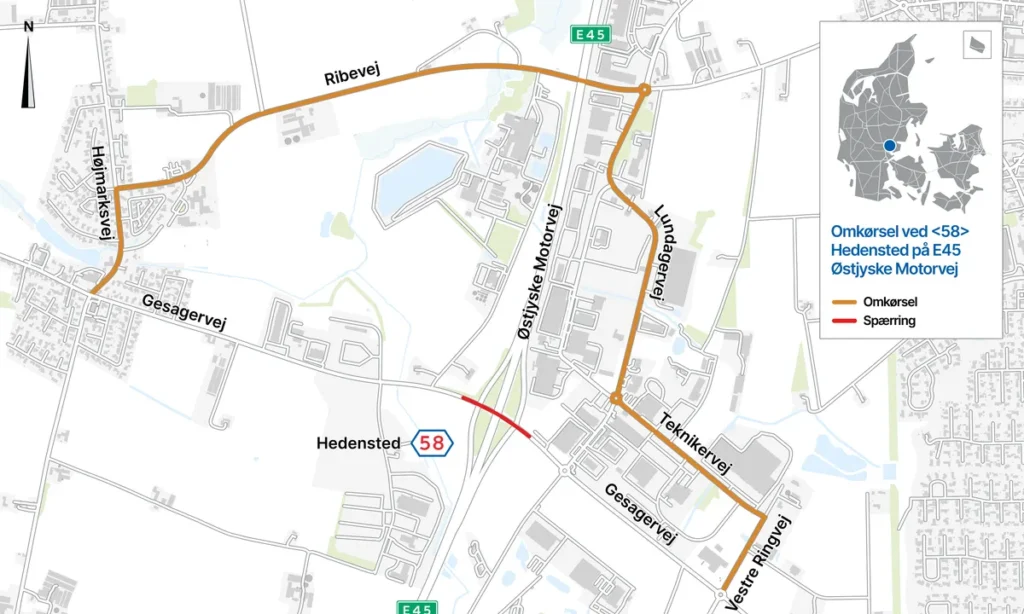 Kort over midlertidig rute via Ribevej til at krydse motorvejen ved Hedensted under E45 spærring.